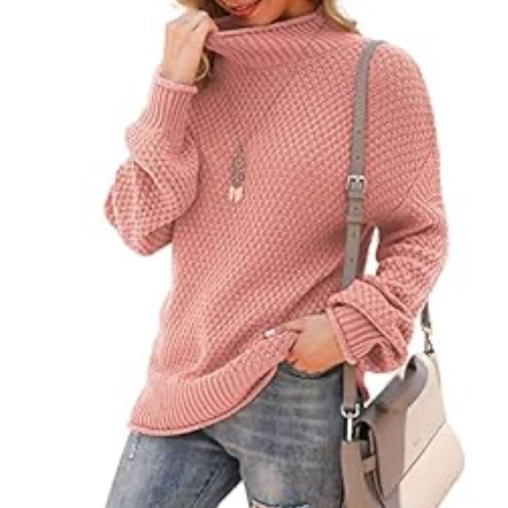 Women’s Pink Mock Neck Knit Sweater Medium Cozy Textured Pullover Casual